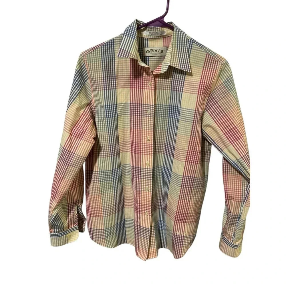 Orvis Women’s Size 6 Plaid Striped Button Down Shirt Blouse Blue Red‎ Yellow